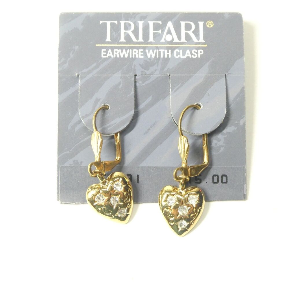 Trifari Earrings Heart Shaped Goldtone Earwire With Clasp Vintage NOS